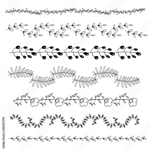 Seamless floral ornament dividers. Hand drawn decoration, sketch borders set.