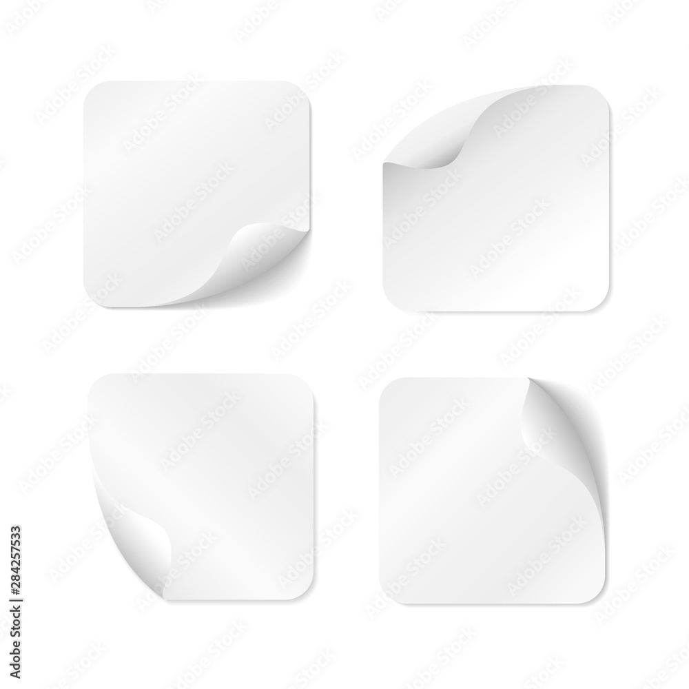 Blank square adhesive stickers mock up with curved corner. Mockup empty sticky label or price tags with transparent shadows