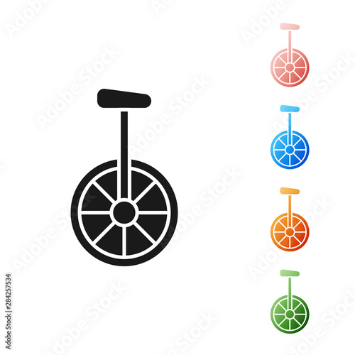 Black Unicycle or one wheel bicycle icon isolated on white background. Monowheel bicycle. Set icons colorful. Vector Illustration