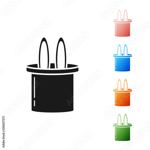 Black Magician hat and rabbit ears icon isolated on white background. Magic trick. Mystery entertainment concept. Set icons colorful. Vector Illustration