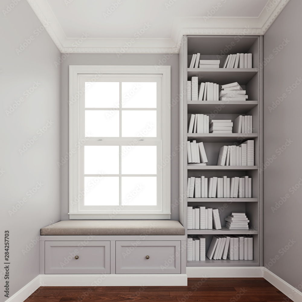 Fototapeta premium Comfy upholstered window seat with drawers in a window nook with library and books. Trim, molding, crown and baseboard in white color. 3d rendering, 3d illustration