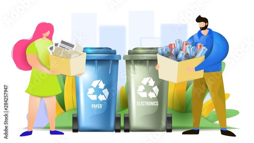 Couple sorting paper and electronics wastes. Woman and man throwing garbage in recycling bins. Flat vector illustration.