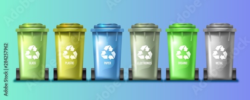 Collection of the colorful recycling bins. Vector illustration showing few sorting cans with recycling symbols.