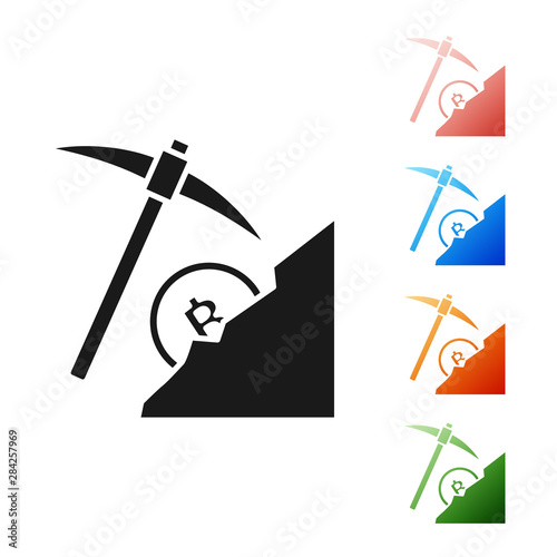 Black Cryptocurrency cloud mining icon isolated on white background. Cloud with pickaxe, bitcoin, digital money market, cryptocoin wallet. Set icons colorful. Vector Illustration