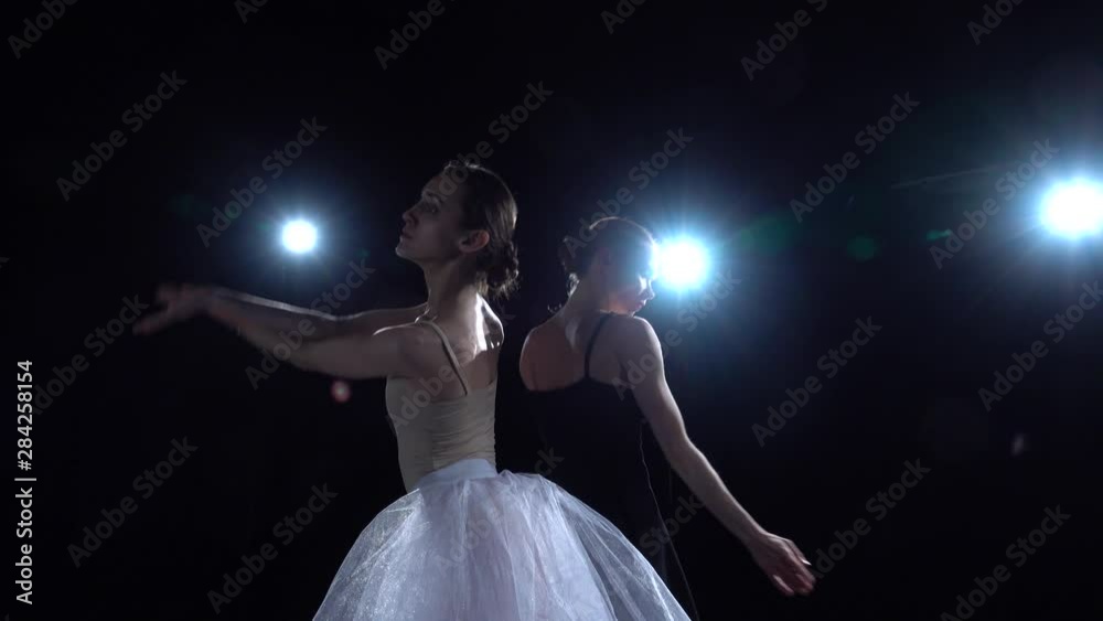 Charming two ballerinas in white and black tutu spinning in dance. Charming two ballerinas in white and black tutu spinning in dance.