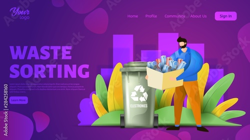 Waste sorting webpage template. Vector illustration showing a man sorting electronic wastes.