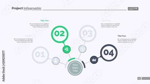 Four steps process chart slide template. Business data. Review, diagram, design. Creative concept for infographic, presentation, report. Can be used for topics like marketing, finance, production.