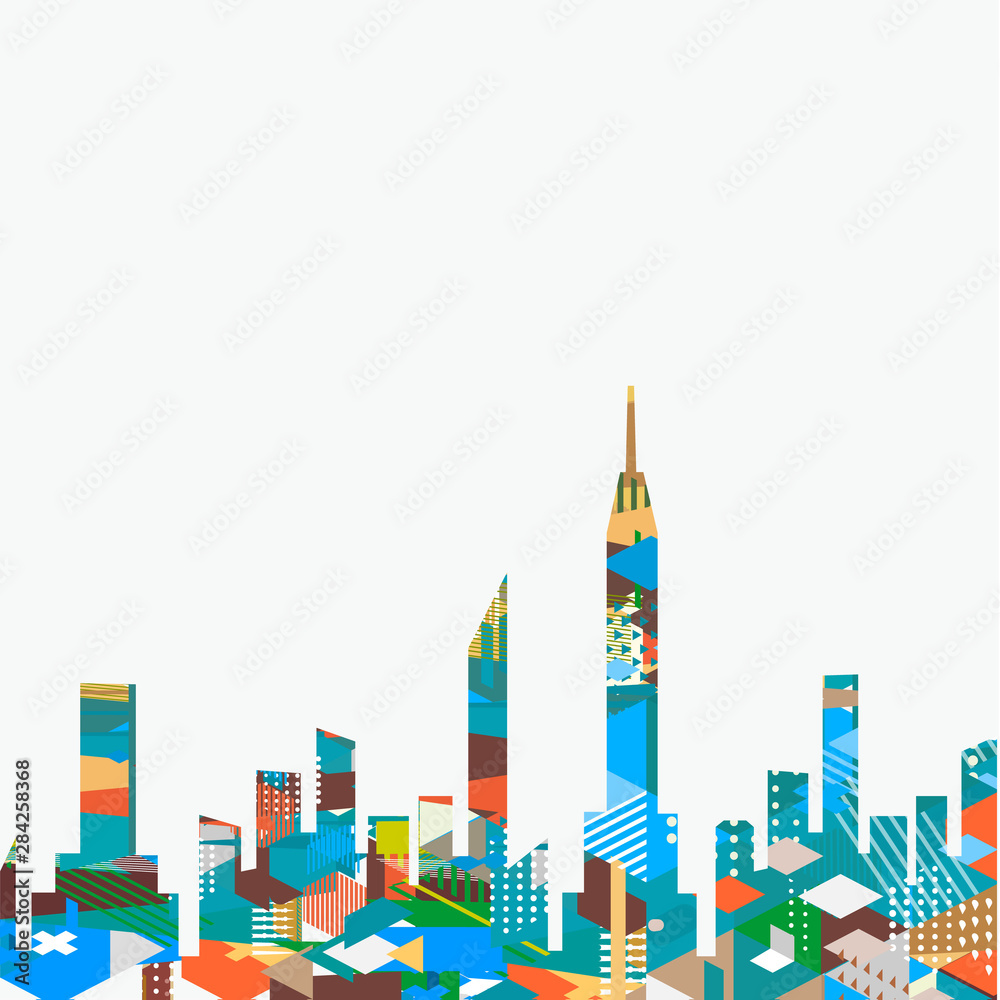 City landscape with colorful geometric graphic isolate on background, vector illustration