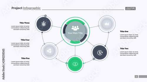 Mindmap diagram with five options. Process diagram, flow chart, editable template. Creative concept for infographics, presentation, report. Can be used for topics like business, management, workflow