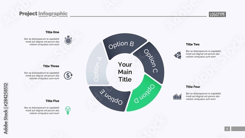 Pie chart with five elements. Diagram, option graph, layout. Business data. Creative concept for infographics, presentation, project. Can be used for topics like marketing, analysis, workflow.