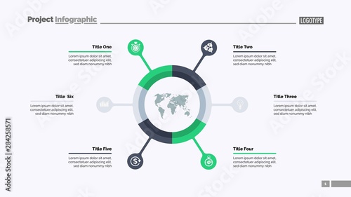 Pie chart with six elements. Infographic circle, option diagram, layout. Creative concept for infographics, presentation, project, report. Can be used for topics like business, marketing, finance.