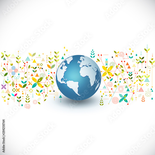 world nature ecology concept with strip of creative geometrical and leaves silhouettes, vector illustration