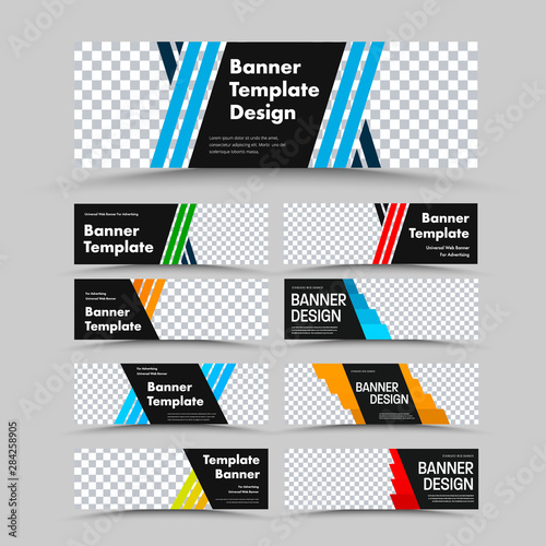 Horizontal black vector web banner templates with diagonal colored lines for, place for photo and text.