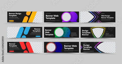 Design of horizontal black vector web banners with colored bubbles, strokes and lines.
