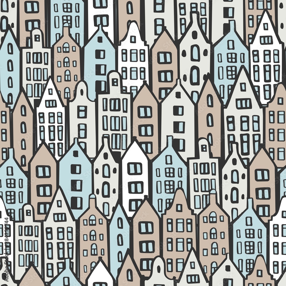 Hand drawn cute houses. Vector seamless pattern. Hand drawn cute houses. Vector seamless pattern.