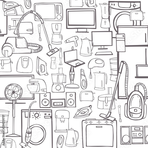 Hand drawn household appliances for kitchen and home. Vector background