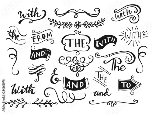Hand drawn design elements set. doodle ampersands, catchwords, calligraphy, ribbon, dividers, border, swirl, florish