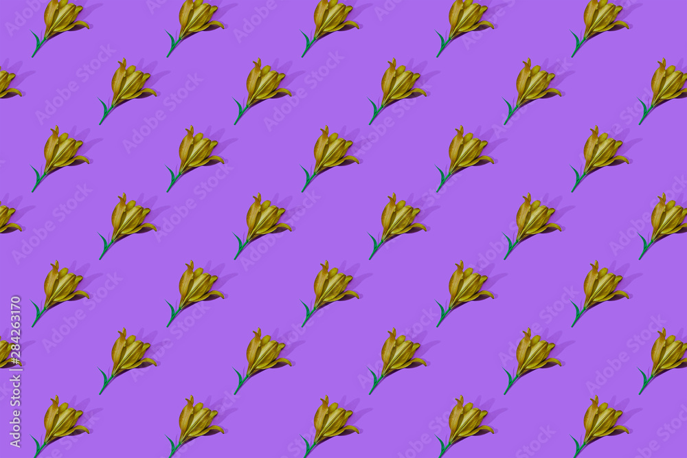 Pattern of golden lilies on purple background trend flat lay concept with fashionable toning. Many flowers pattern Pattern of golden lilies on purple background trend flat lay concept with fashionable toning. Many flowers pattern