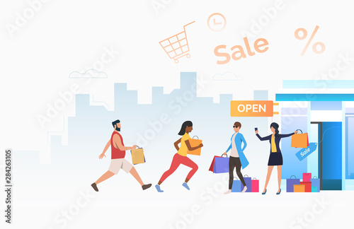 Customers hurrying to sale. Male and female cartoon characters running to opened store. Vector illustration for shop opening, promotion, banner