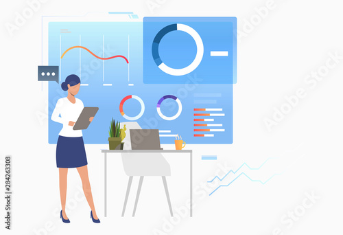 Financial expert analyzing business data diagrams. Consulting, analytics, analysis concept. Vector illustration can be used for topics like business, finance, statistics