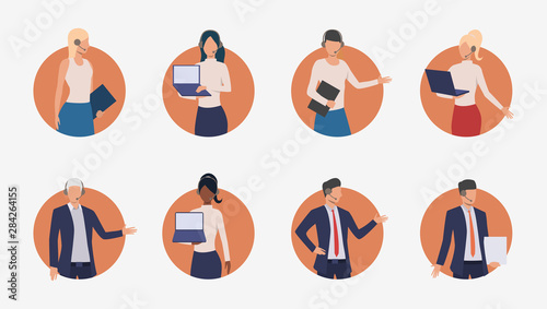 Sales agents consulting clients on phone. Male and female customer support phone operators. Vector illustration for banner, leaflet, advertising
