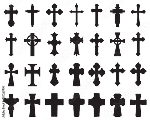 Big set of black silhouettes of different crosses, various religious symbols