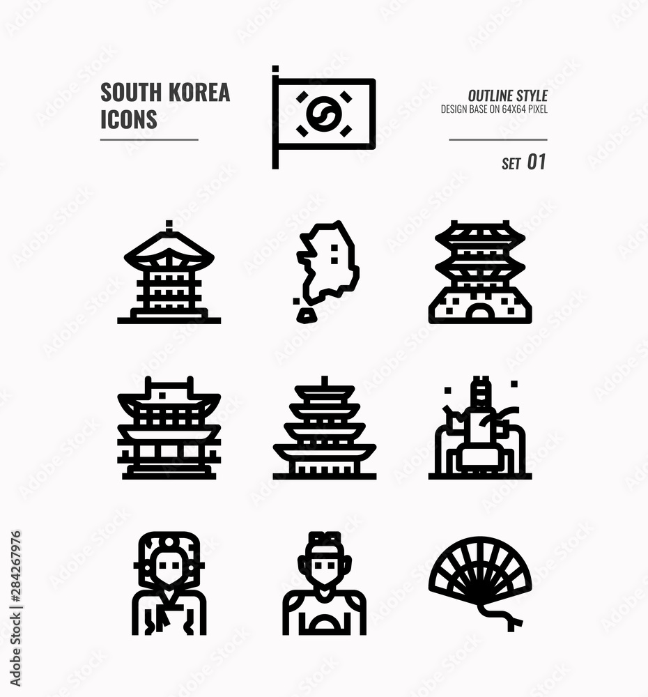South Korea icon set 1. Include flag, landmark, people and more.Outline icons Design. vector illustration