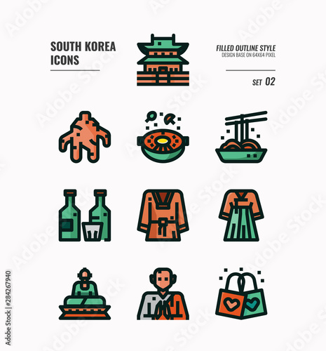 South Korea icon set 2. Include landmark, food, Traditional Culture and more. Filled Outline icons Design. vector illustration