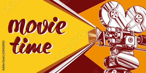 cinema logo festival, vintage old movie camera, , calligraphic text hand drawn vector illustration realistic sketch