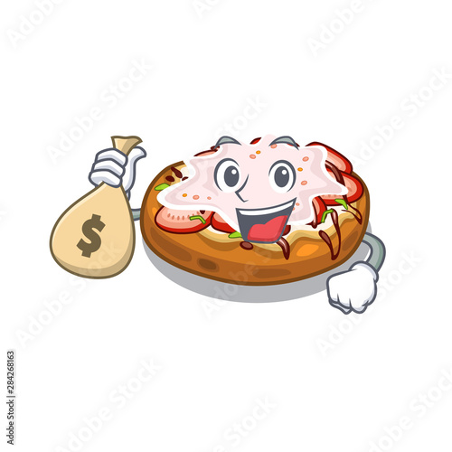 With money bag bruschetta served above the mascot board