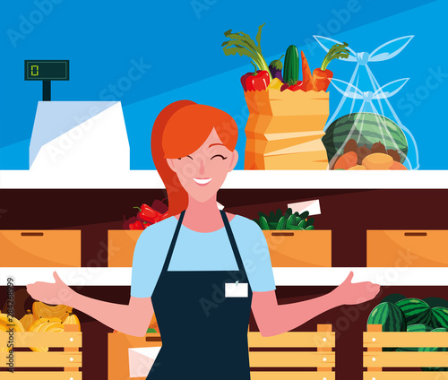 saleswoman with showcase store and fresh food