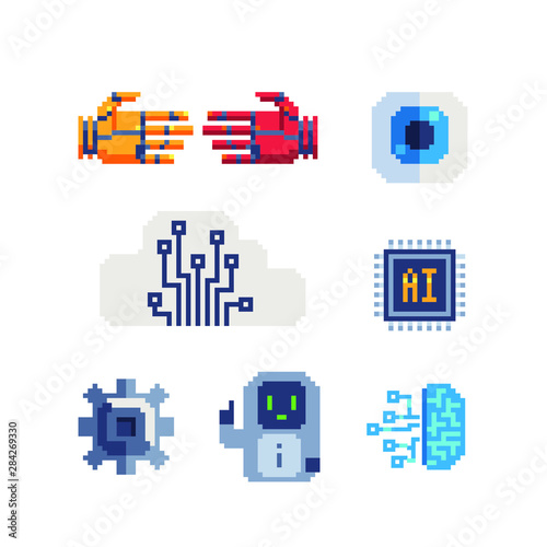 Artificial neuron network, pixel art icons set. Artificial Intelligence. Android, humanoid Robot. Design for logo, stickers, web, mobile app. Isolated vector illustration.