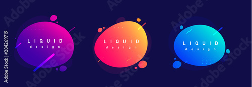 Abstract neon blob set on dark violet background. Violet, blue, yellow fluid splashes. Flowing liquid, Trendy lines. Futuristic gradient design Vector illustration for banners, posters, presentation