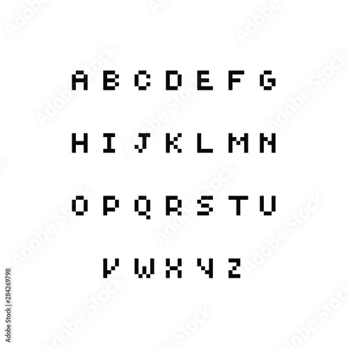 Alphabet pixel art style icon. Design for logo, sticker and mobile app.  Vacation Holiday. Isolated vector illustration. 