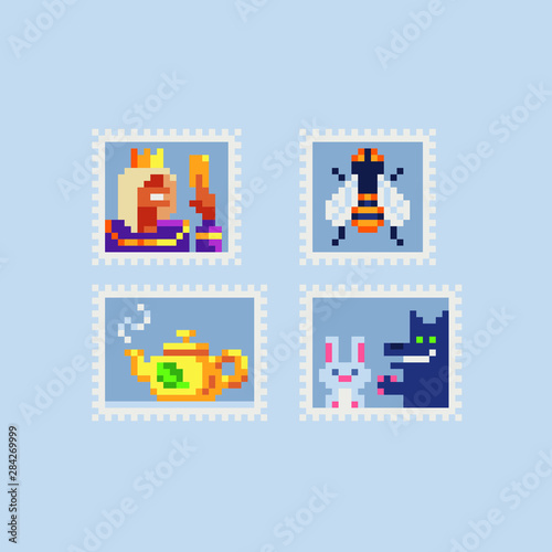 Vintage postmark template pixel art icon  king  bee  teapot with tea  hare and wolf. Design for logo  sticker and mobile app.   artoon flat style. Isolated vector illustration. 