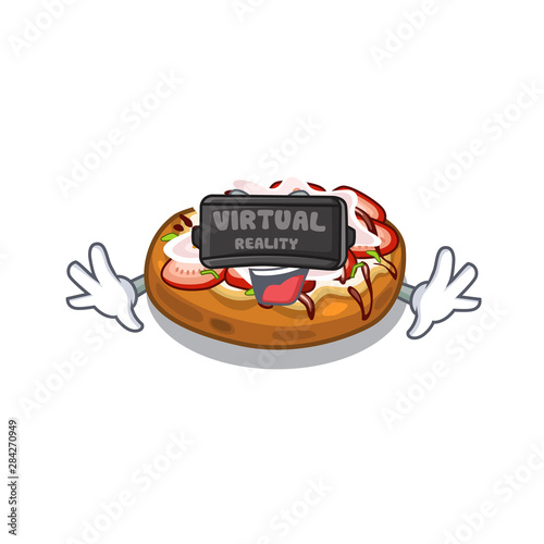 Virtual reality bread bruschetta above cartoon wooden table