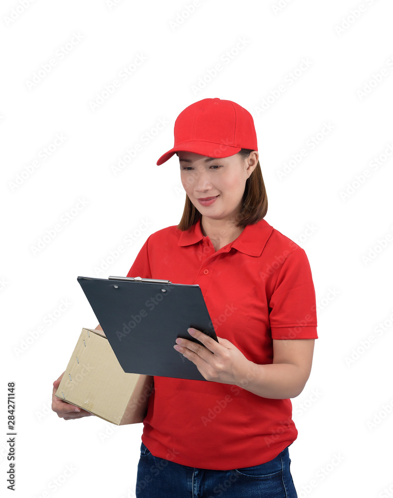 Smiling delivery woman in red uniform giving parcel boxes and clipboard, isolated on white background Smiling delivery woman in red uniform giving parcel boxes and clipboard, isolated on white background