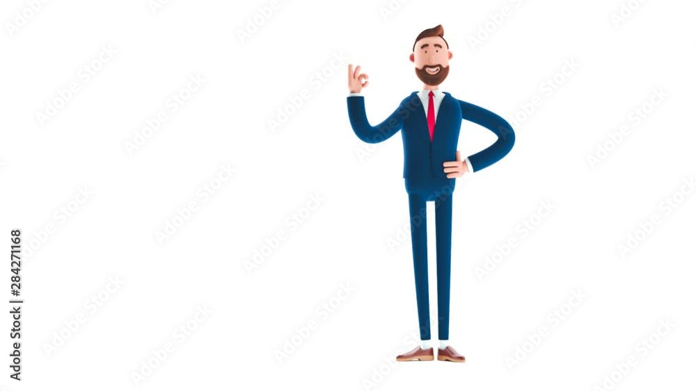 Billy cartoon businessman character shows ok sign with fingers on white background. 3d render illustration. Looped video. 