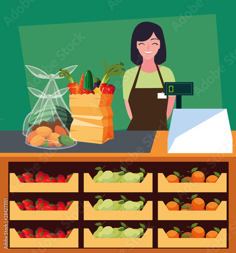 saleswoman with showcase store with fresh food