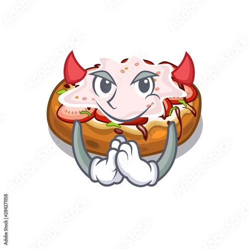 Devil bread bruschetta above cartoon wooden table