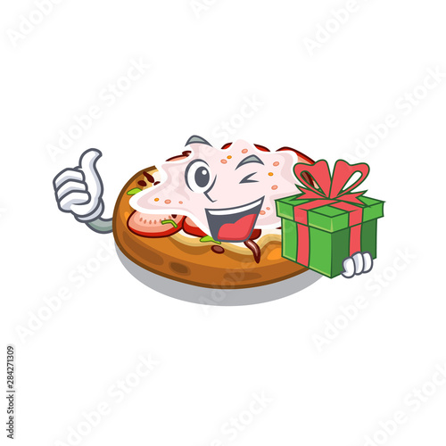 With gift bread bruschetta above cartoon wooden table