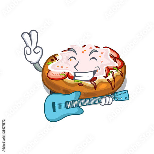 With guitar bread bruschetta above cartoon wooden table