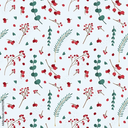 Christmas seamless pattern with winter  plants. Traditional winter season events botanic decor.  Green branches, red berries festival banner design element