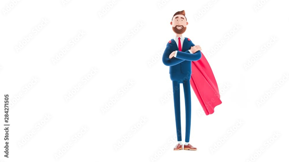 Billy cartoon businessman character  clothed like a superhero on white background. 3d render illustration. Looped video. 