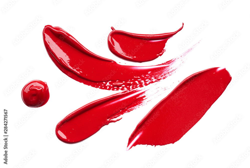 Smear and texture of red lipstick or acrylic paint isolated on white background. Smear and texture of red lipstick or acrylic paint isolated on white background.
