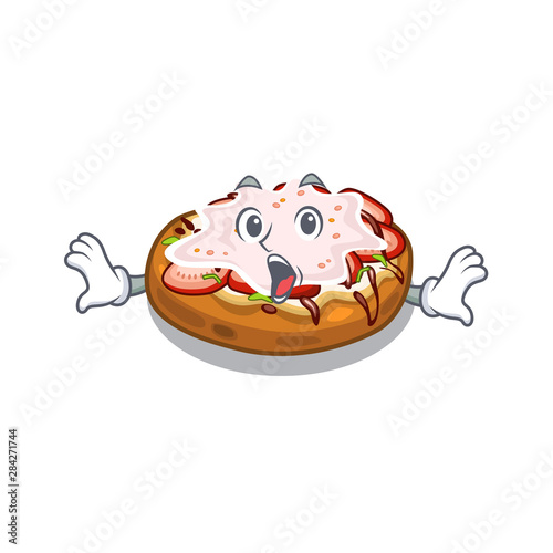 Surprised bread bruschetta above cartoon wooden table