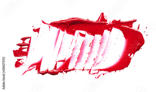 Smear and texture of red lipstick or acrylic paint isolated on white background.