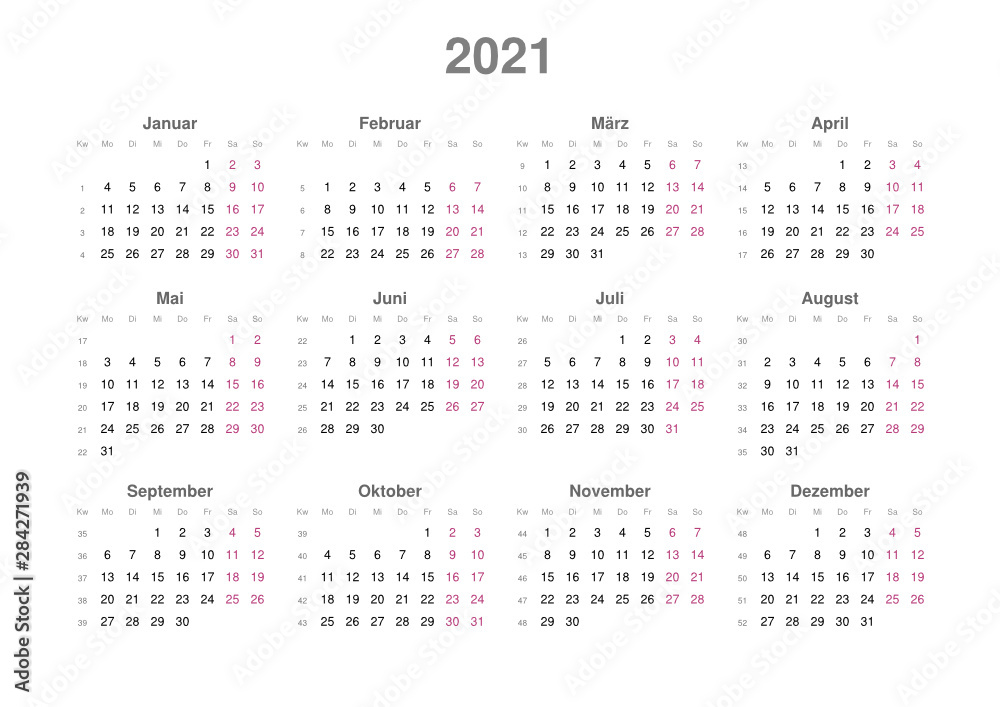 Kalender 2021, Querformat, Montag Bis Sonntag Stock Vector | Adobe Stock
