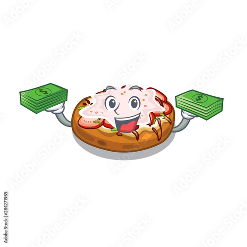 With money bag bread bruschetta above cartoon wooden table