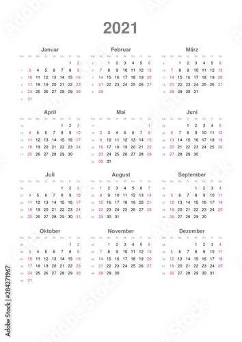 Kalender 2021, Hochformat, Sonntag bis Samstag